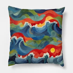 Colorful Sea Landscape With Red Sunset Over Great Blue Waves Painting Pillow