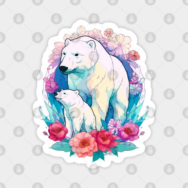 Polar Bear and Cub Floral Aesthetic Print Magnet by Davies Creative Works