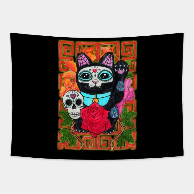 Day of the Dead lucky cat Tapestry by JenStedman73