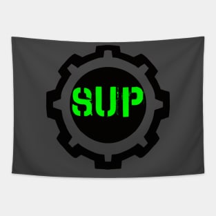 Green SUP Word in a Black Industrial Cog Tapestry