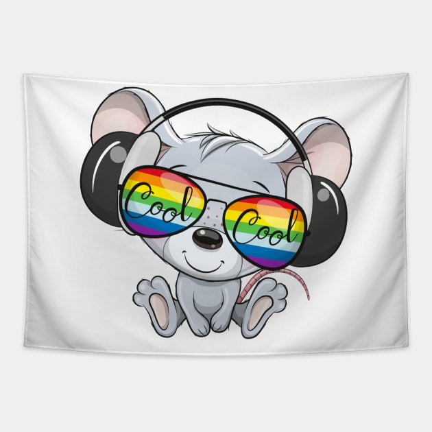 Cute mouse in rainbow sunglasses and headphones. Tapestry by Reginast777