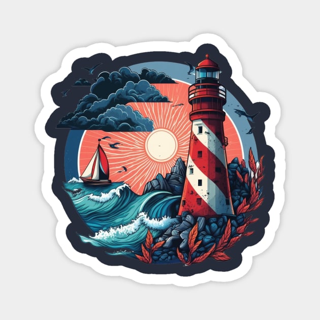 Guiding Seafarers: Nautical Light Tower Art Print in Red, White, and Blue Magnet by Hakubiya