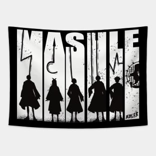 Mashle Magic and Muscles Black and White Vintage Anime Characters Mash Lemon Finn Lance and Dot with Adler Symbol Tapestry