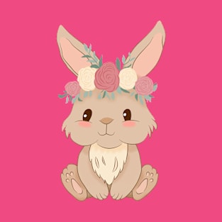 cute rabbit with flower wreath on head in cartoon style T-Shirt