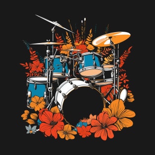 Drum Set Retro Red Orange Blue Wild Nature Flowers Band Art T-Shirt