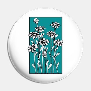 Black and white daisy flower doodle illustration in blue background Pin