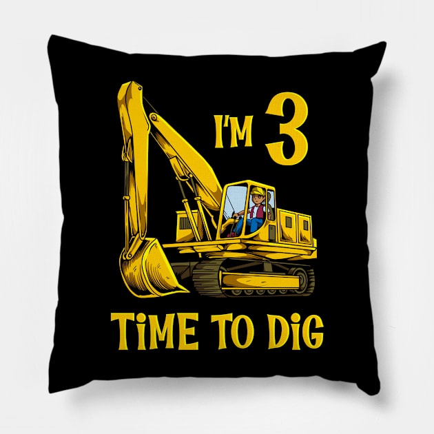 I'm 3 - time to dig - excavator 3 year old birthday Pillow by Modern Medieval Design