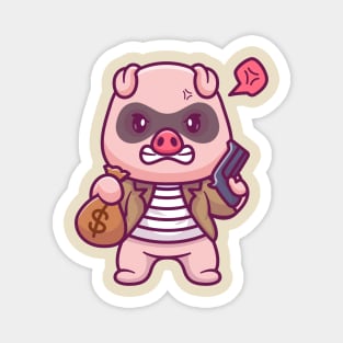 Cute Pig Thief Holding Money And Gun Cartoon Magnet