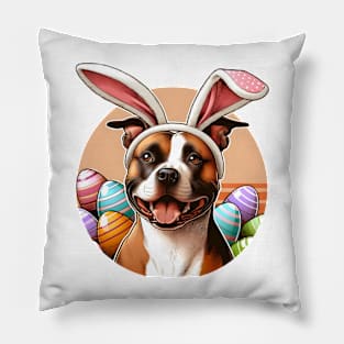 American Staffordshire Terrier Celebrates Easter with Bunny Ears Pillow