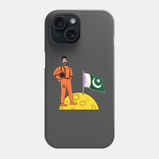 Astronaut standing with flag on moon vector illustration. Phone Case