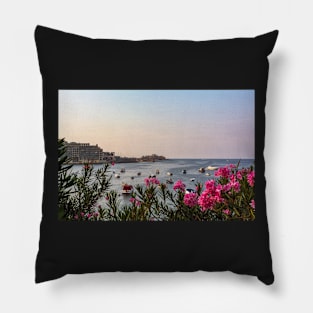 Pink Nerium oleander flowers against Malta's Bay Pillow