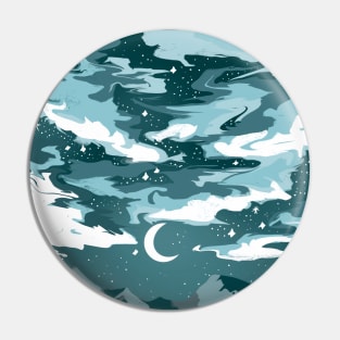 Teal cloudy sky above mountains with a crescent moon Pin