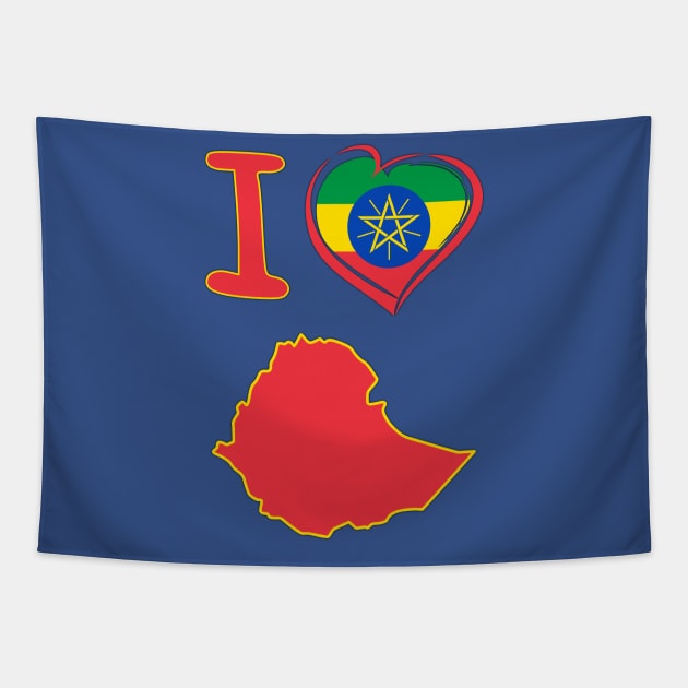 I love Ethiopia. Ethiopian flag in the shape of a heart. country map Tapestry by Mashmosh