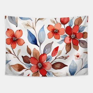 Red Flowers Light Blue Leaves Pattern on White Tapestry