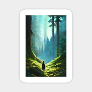 Greenish Anime Girl Morning Nature Forest Landscape Magnet