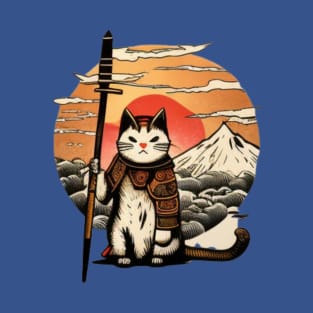 Ninja Cat Japanese Vintage Sunset Sword T-Shirt