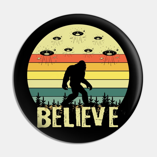 Retro Believe in Bigfoot Pin by Teewyld