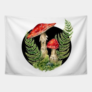 Cottagecore Fairy Mushrooms, Toadstool and Ferns, Fungus Mycology Art, Amanita Muscaria Tapestry