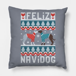 Feliz Navidog witty wordplay fair isle greyhounds // spot // grey background cute dogs dressed with teal and red knitted Christmas ugly sweaters pixel art Pillow