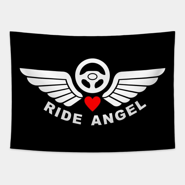 Ride Angel, graphic t-shirt with steering wheel and angel wings for volunteers drivers for helping people in need. Tapestry by Cat In Orbit ®