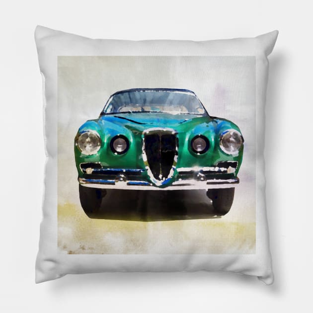 Vintage Alfa Romeo in watercolor Pillow by thelazypigeon