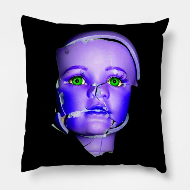 Freaky Halloween Broken Doll Zombie Face Purple Pillow by Squeeb Creative