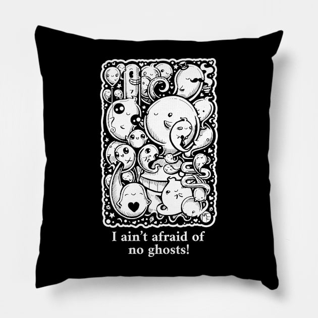 Lots of Little Ghosts - I Ain't Afraid of No Ghosts - White Outlined Version Pillow by Nat Ewert Art