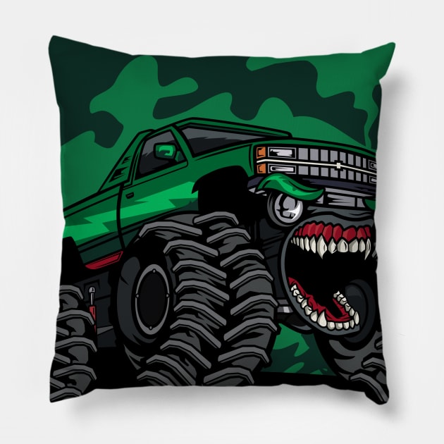 Green monster truck Pillow by beanbeardy