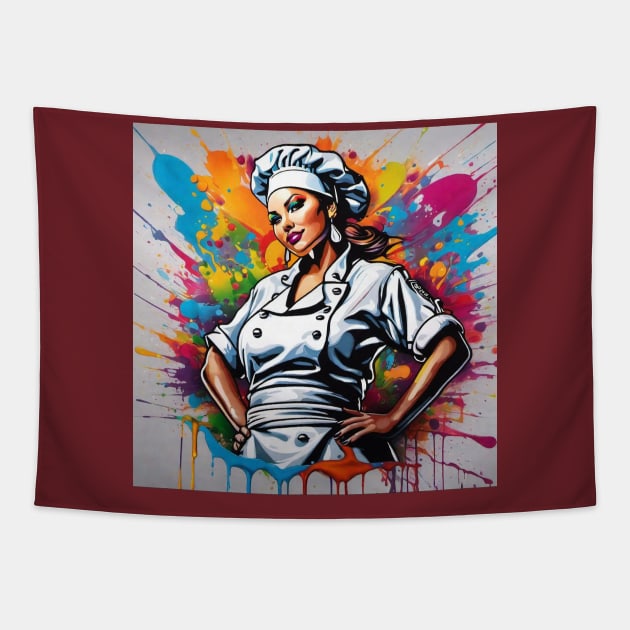 Colorful Design of a Proud Female Chef Tapestry by A.i. Monster Designs