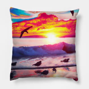Sunset on the beach with birds Pillow