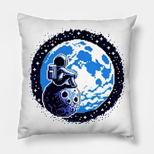 Moonlit Cosmic Reflection - Pixel Art Space Gazer Pillow