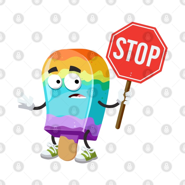 cartoon rainbow colors ice cream on a stick mascot with tablet stop in hand by VizRad