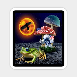 90's style frog with astronaut and crow Magnet