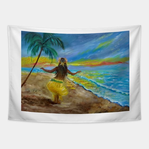 Hula on the Beach at Sunset. Lovely hula hands expressing the hula dance on the beach at Waikiki. Tapestry by jennyleeandjim