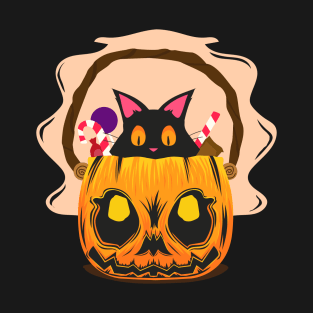 Cat in pumpkin with sweets on Halloween T-Shirt