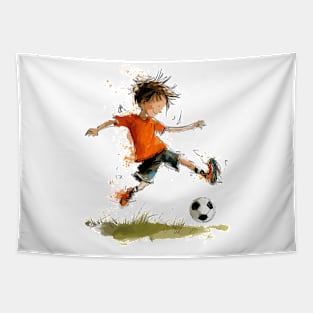 Little Boy Playing Soccer Tapestry