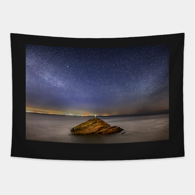 Mumbles Lighthouse at Night Tapestry by dasantillo