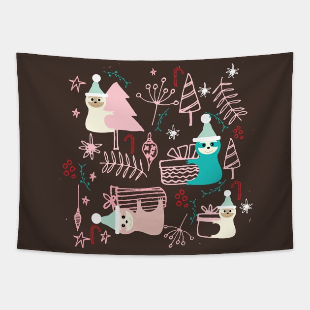 Sloth at Christmas Party Tapestry by bruxamagica