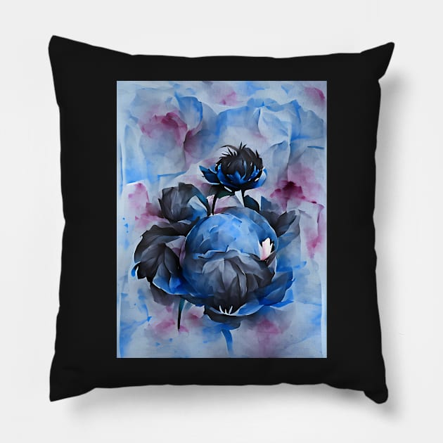 Abstract Blue Peonies Pillow by Sr-Javier