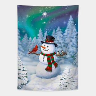 Happy Christmas Snowman and Birds Tapestry