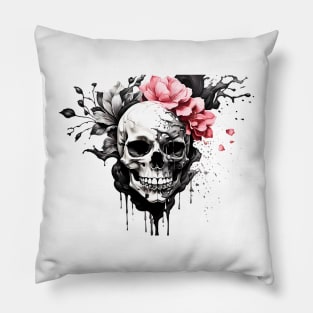 Flowery Skull Ink Dripping Effect Pillow