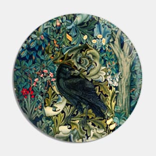 GREENERY, FOREST ANIMALS ,RAVEN ON ACANTHUS LEAVES Blue Green Floral Pin