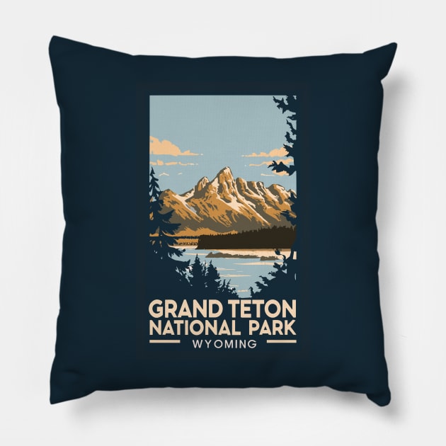 A Vintage Travel Art of the Grand Teton National Park - Wyoming - US Pillow by goodoldvintage