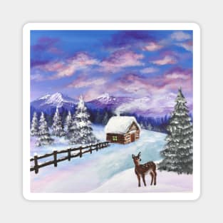 festive winter wonderland scenery mountain evergreen fawn deer Christmas snowy cabin Magnet