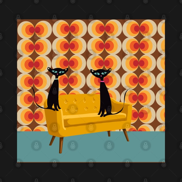 Retro Kitties Perched in Mid Mod Living Room by Lisa Williams Design