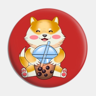 Shiba Inu Drinking Bubble Tea, funny Japanese Sticker Pin