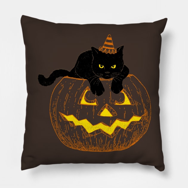 Cat in Jack-o-Lantern Dark Pillow by sticks and bones vintage