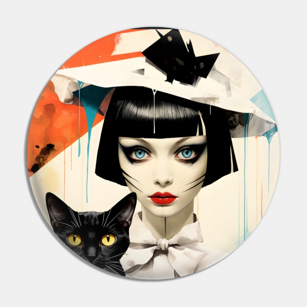 Cat & Girl - Surreal collage-1, Splash Pin by ArtWearSplash