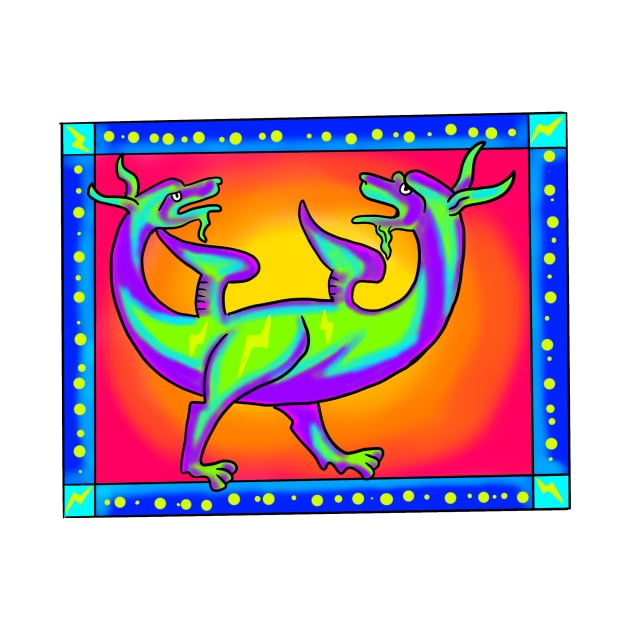 Weird Medieval Two Headed Dragon Frank 90's Retro Art Style by JamieWetzel