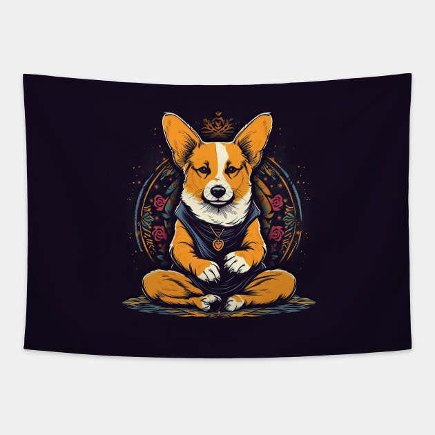 Corgi doing yoga Tapestry by erzebeth